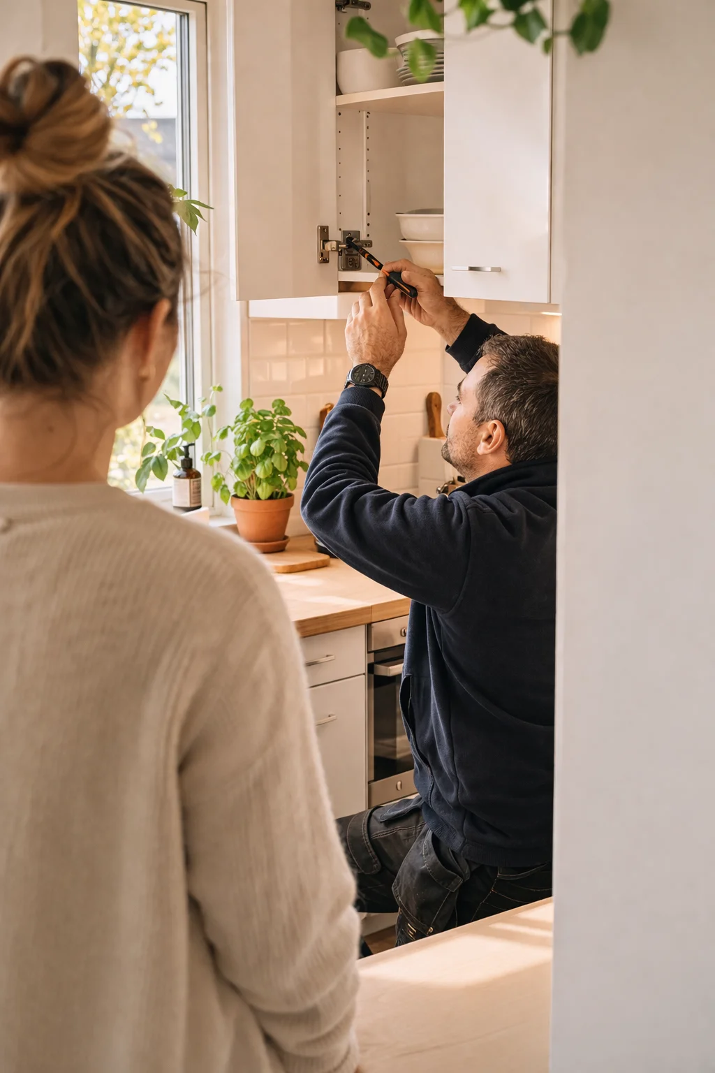 A local craftsperson repairing a kitchen cabinet in a customer home