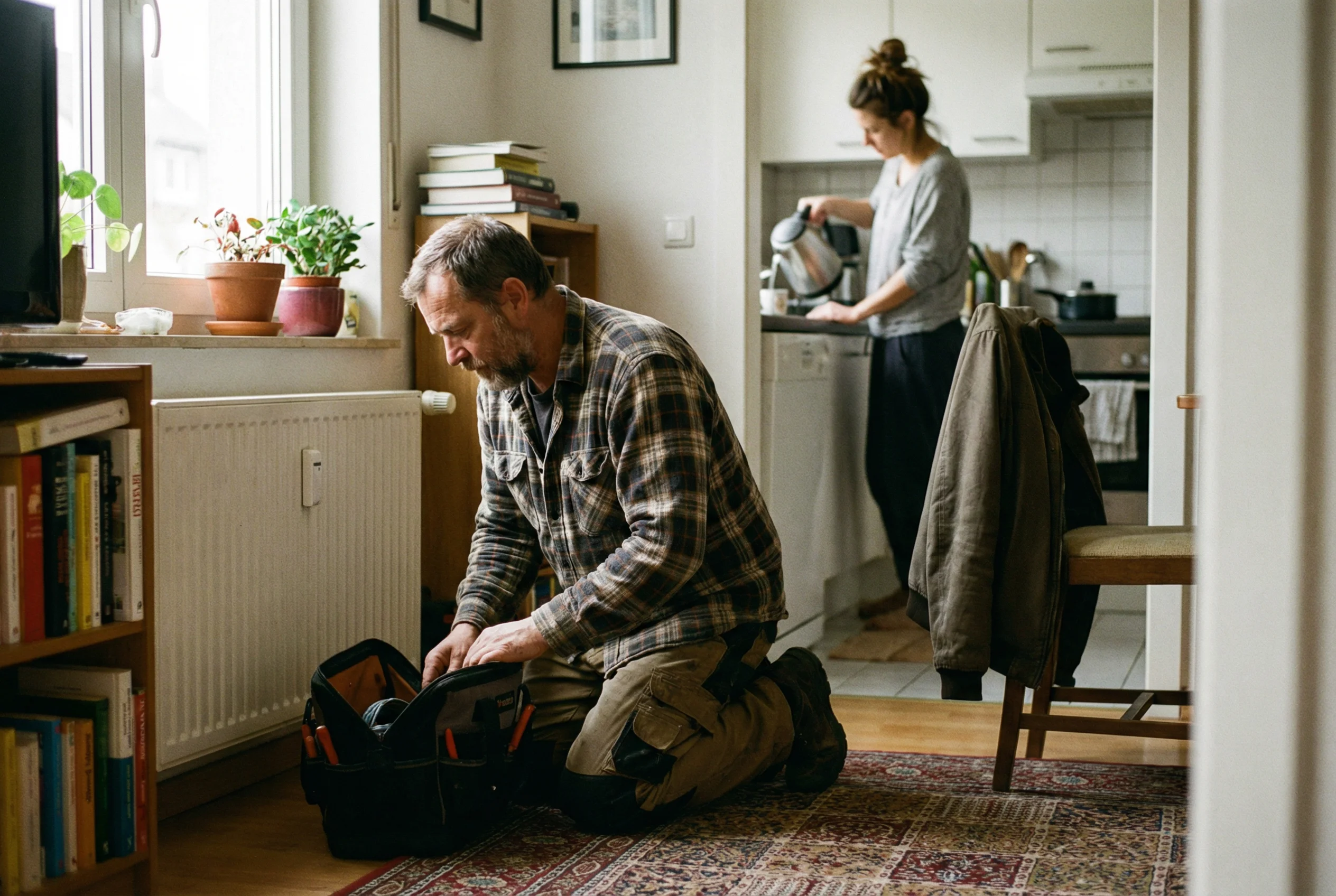 A service professional preparing tools inside a customer home